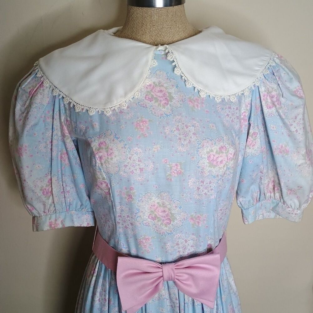 Vtg Lanz Originals 80s Dress Sz 8 Blue Pink Floral Cottagecore Belt Pockets READ - Picture 3 of 11